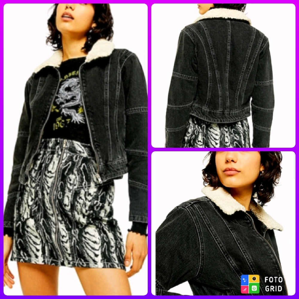 Topshop Idol Washed Black Borg Lined Denim Jacket